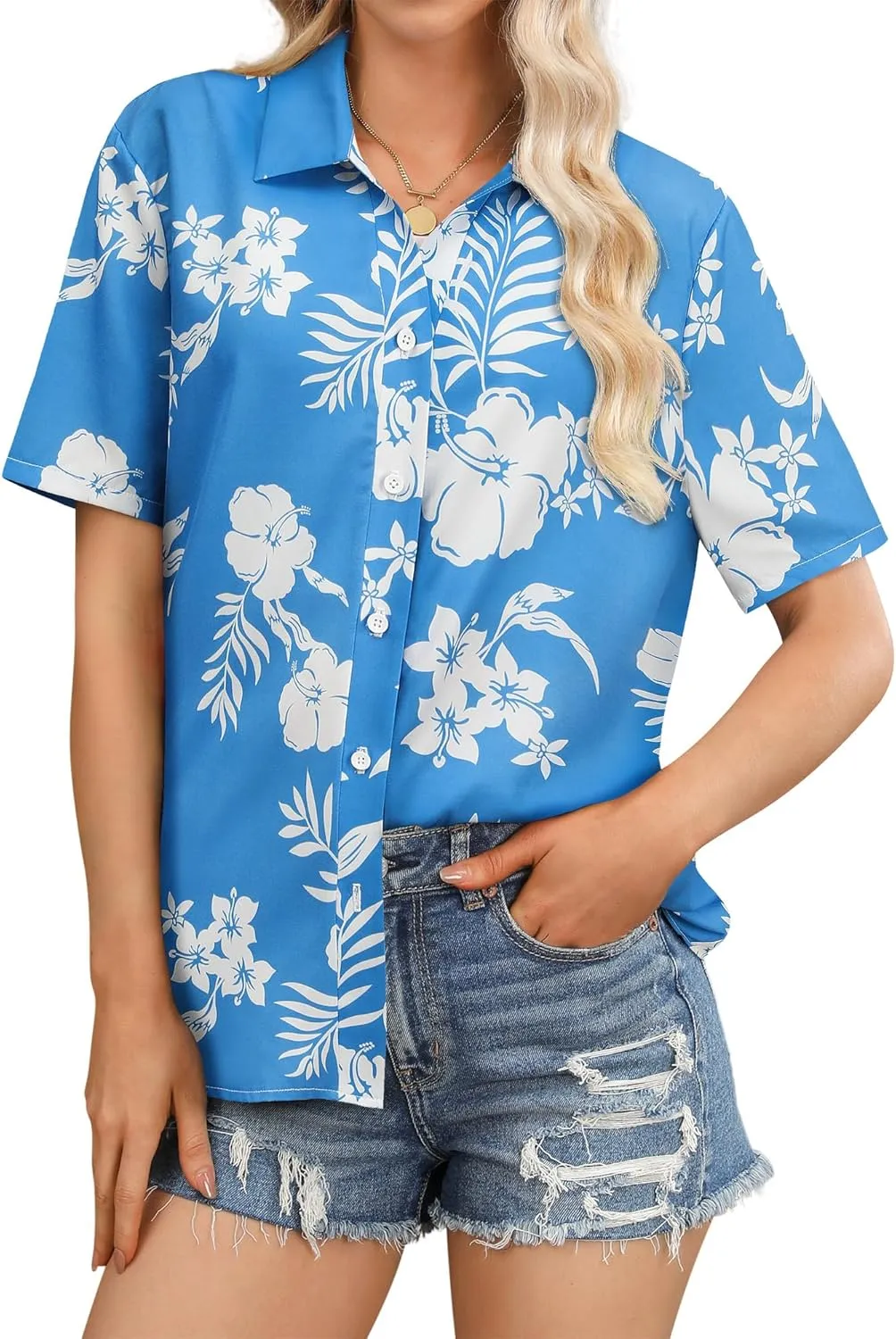 Womens Button Down Hawaiian Shirts Short Sleeve Floral Print Summer V Neck T-Shirt Casual Summer Beach Blouses Tops