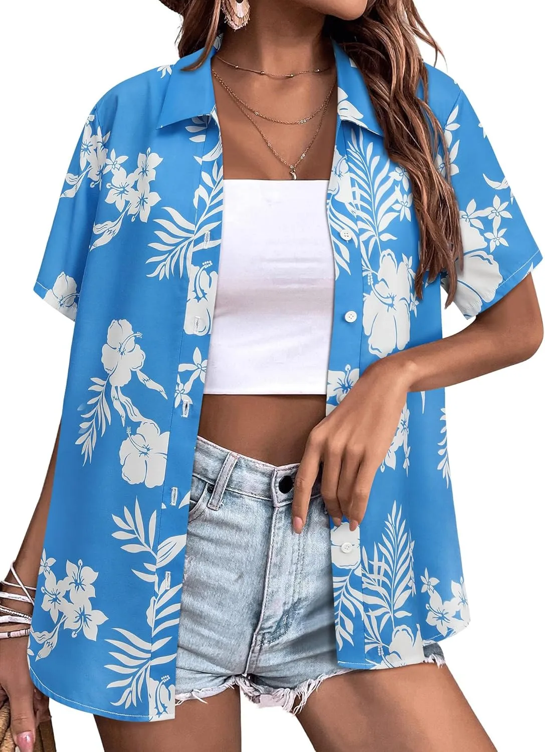 Womens Button Down Hawaiian Shirts Short Sleeve Floral Print Summer V Neck T-Shirt Casual Summer Beach Blouses Tops