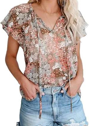 Womens Casual Boho Floral V Neckline Tops Drawstring Ruffles Short Sleeve T-Shirt Loose Summer Blouses
