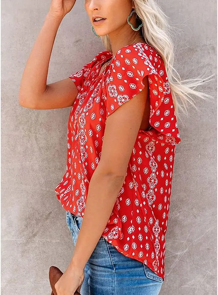 Womens Casual Boho Floral V Neckline Tops Drawstring Ruffles Short Sleeve T-Shirt Loose Summer Blouses