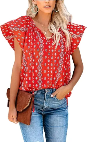 Womens Casual Boho Floral V Neckline Tops Drawstring Ruffles Short Sleeve T-Shirt Loose Summer Blouses