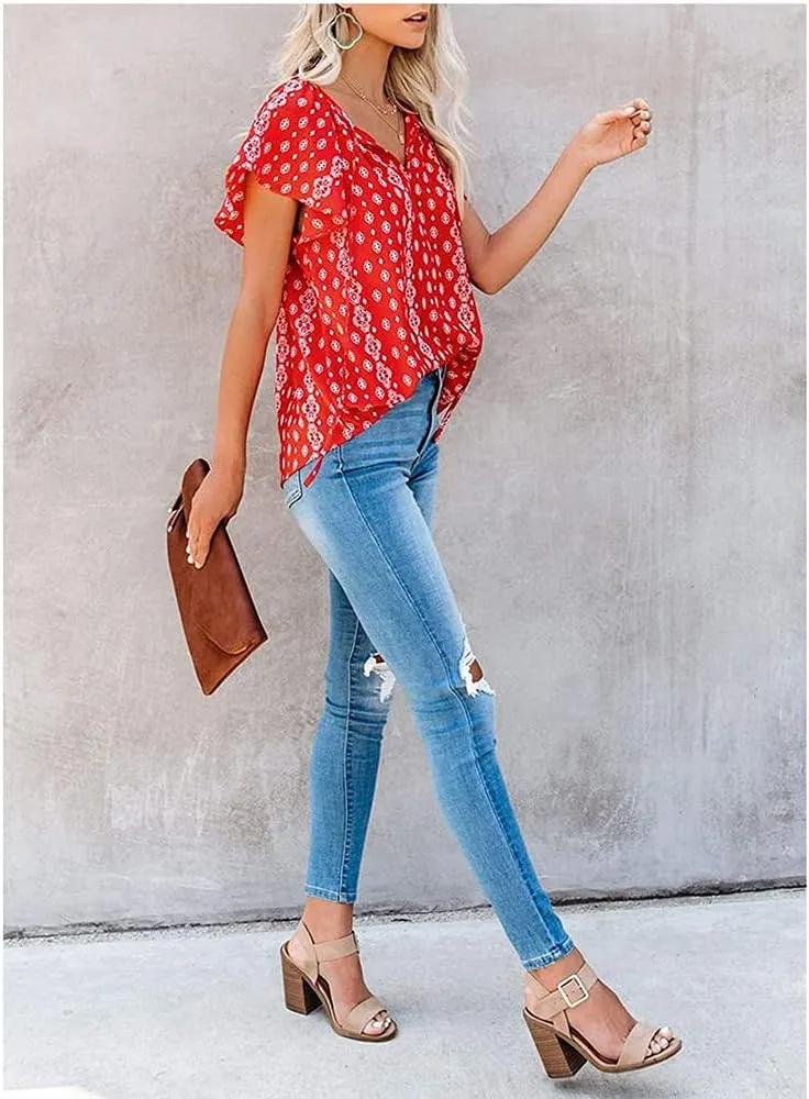 Womens Casual Boho Floral V Neckline Tops Drawstring Ruffles Short Sleeve T-Shirt Loose Summer Blouses