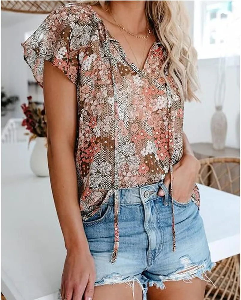 Womens Casual Boho Floral V Neckline Tops Drawstring Ruffles Short Sleeve T-Shirt Loose Summer Blouses