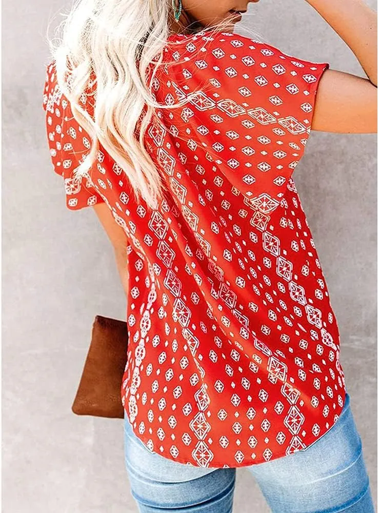 Womens Casual Boho Floral V Neckline Tops Drawstring Ruffles Short Sleeve T-Shirt Loose Summer Blouses