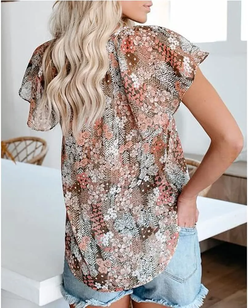 Womens Casual Boho Floral V Neckline Tops Drawstring Ruffles Short Sleeve T-Shirt Loose Summer Blouses