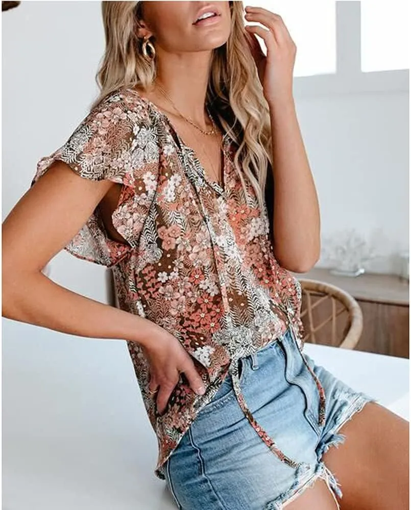 Womens Casual Boho Floral V Neckline Tops Drawstring Ruffles Short Sleeve T-Shirt Loose Summer Blouses