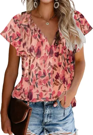 Women's Casual Floral Ruffle Short Sleeve Tops Cute Boho V Neck Loose Blouses Summer Fall Shirts