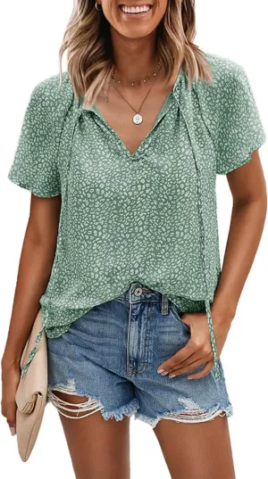 Women's Casual Floral Ruffle Short Sleeve Tops Cute Boho V Neck Loose Blouses Summer Fall Shirts