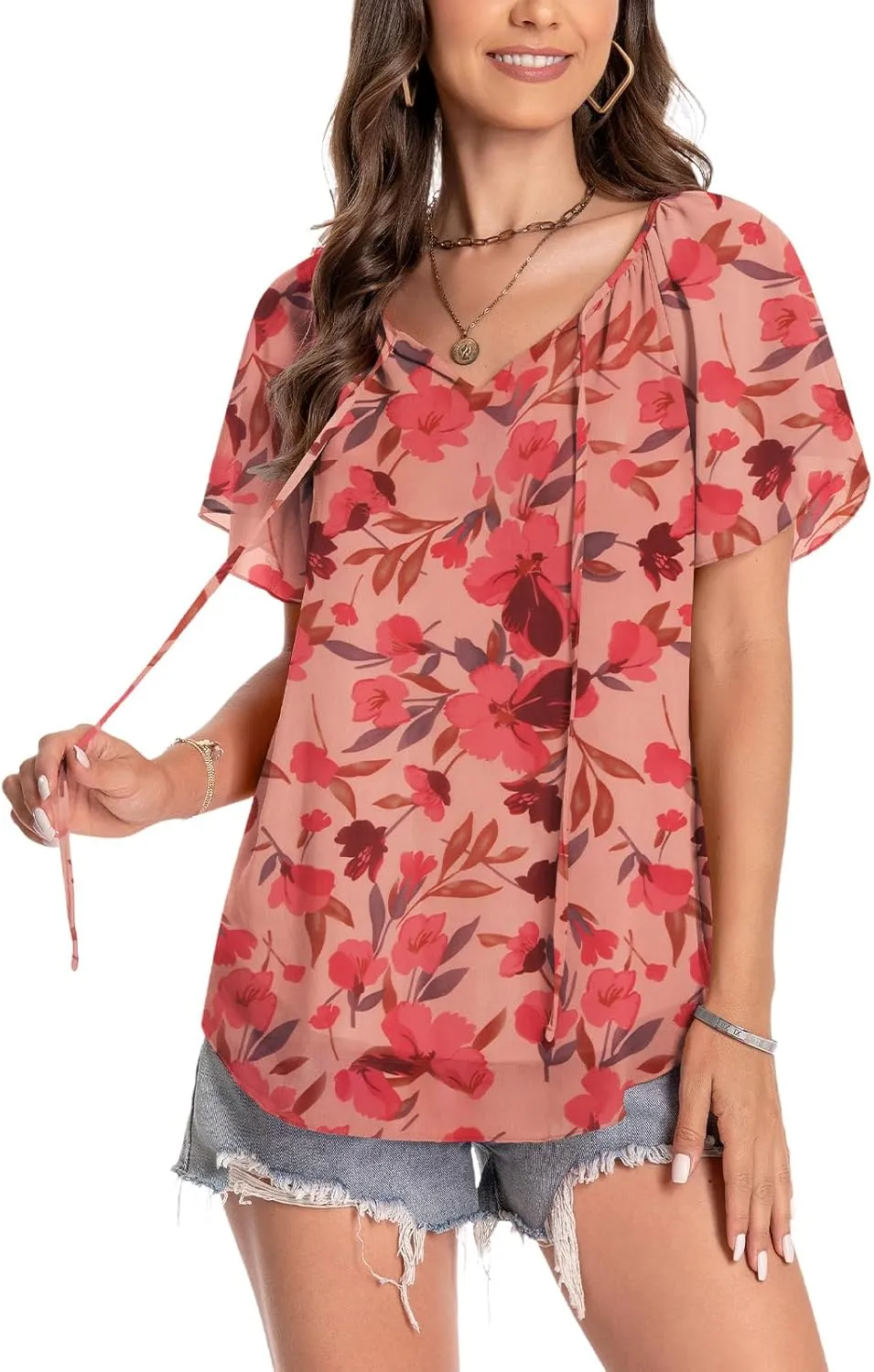 Women's Casual Floral Ruffle Short Sleeve Tops Cute Boho V Neck Loose Blouses Summer Fall Shirts