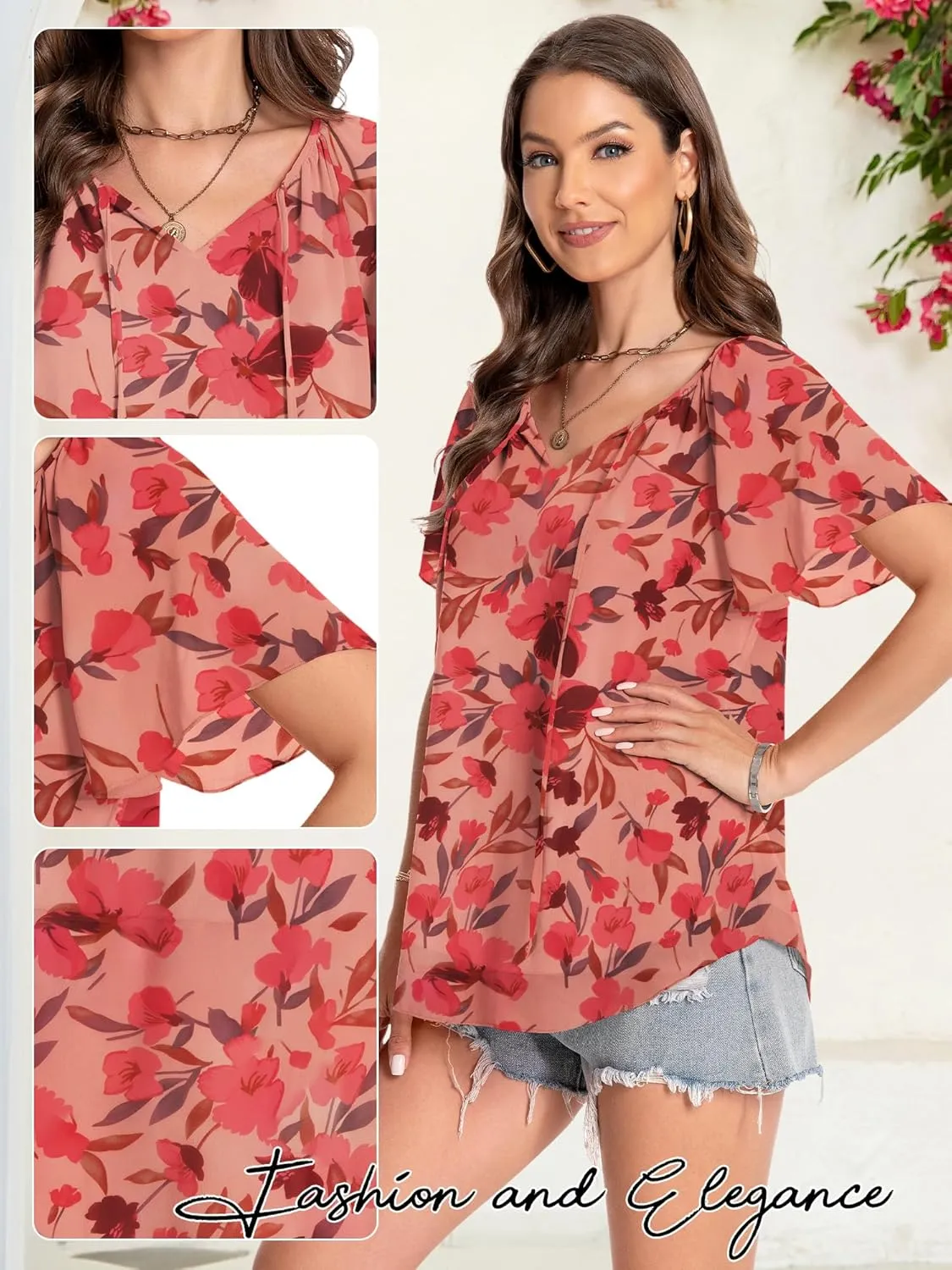Women's Casual Floral Ruffle Short Sleeve Tops Cute Boho V Neck Loose Blouses Summer Fall Shirts