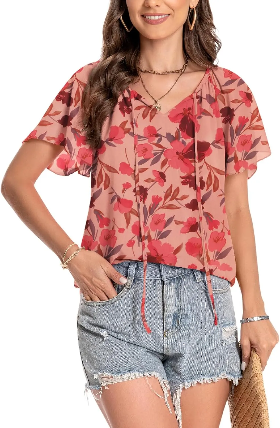 Women's Casual Floral Ruffle Short Sleeve Tops Cute Boho V Neck Loose Blouses Summer Fall Shirts