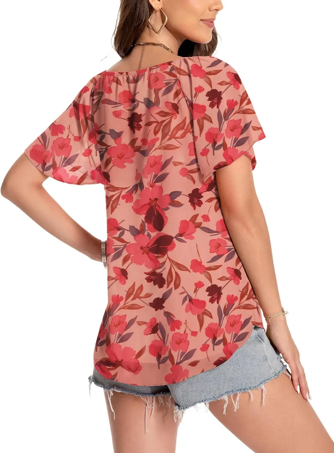 Women's Casual Floral Ruffle Short Sleeve Tops Cute Boho V Neck Loose Blouses Summer Fall Shirts