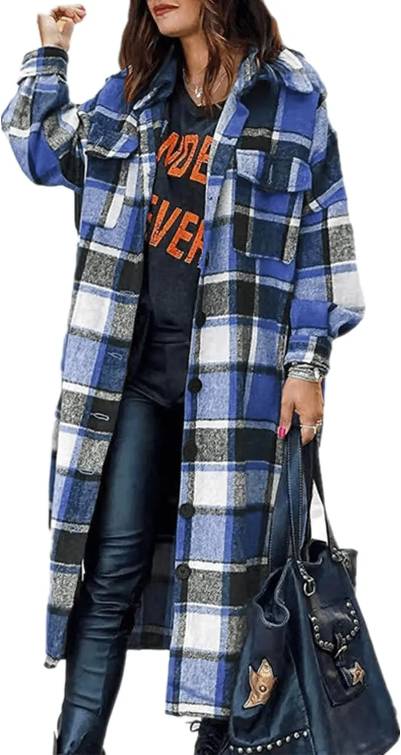 Womens Collared Faux Woolen Single Breasted Plaid Long Shirt Jacket Button Down Tartan Flannel Trench Coat