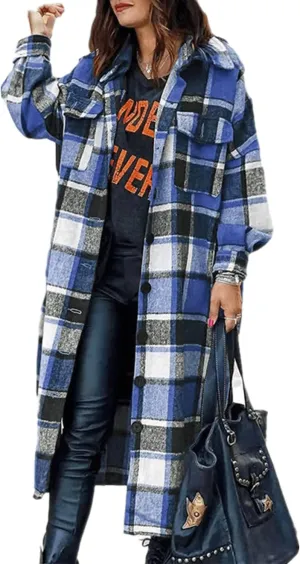 Womens Collared Faux Woolen Single Breasted Plaid Long Shirt Jacket Button Down Tartan Flannel Trench Coat