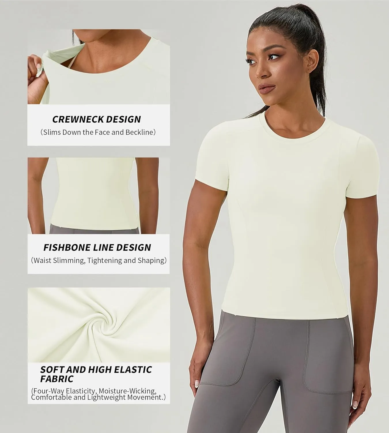 Women's Compression Shirts Short Sleeve Crewneck Athletic Nylon Workout Tops Yoga Gym Quick Dry Tee Shirts