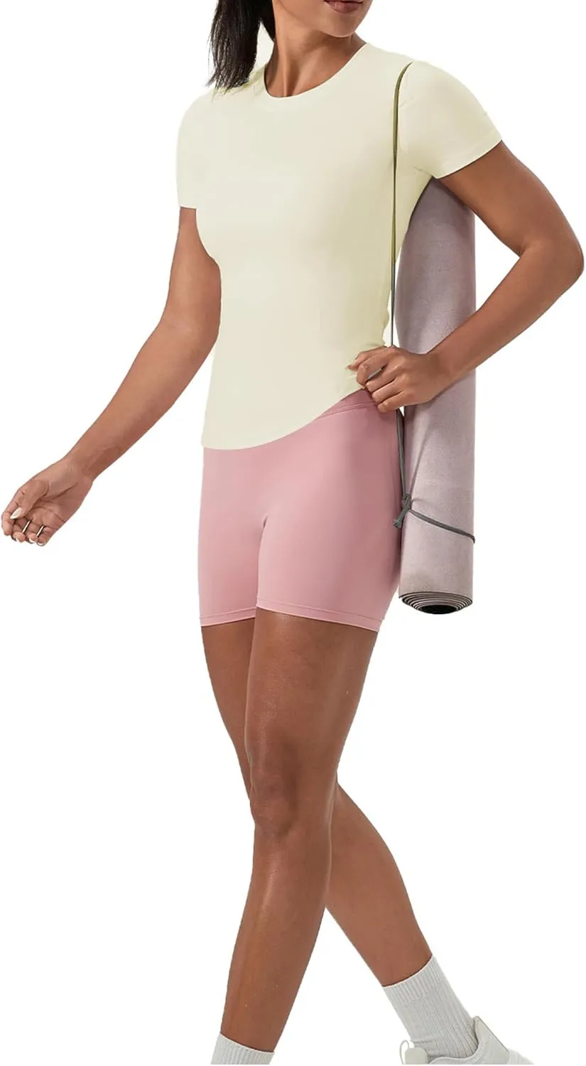 Women's Compression Shirts Short Sleeve Crewneck Athletic Nylon Workout Tops Yoga Gym Quick Dry Tee Shirts