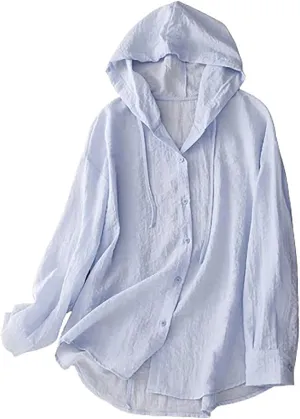 Womens Cotton Linen Hoodie Tops UPF 50  Sun Protection Shirts Long Sleeve Button Down Beach Shirt Blouses Cover up