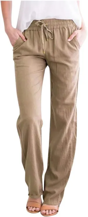 Women's Cotton Linen Pants Summer 2025 - Breathable Wide Leg Trousers with Elastic Waist, Lightweight Casual Comfort Slimming Palazzo Pants