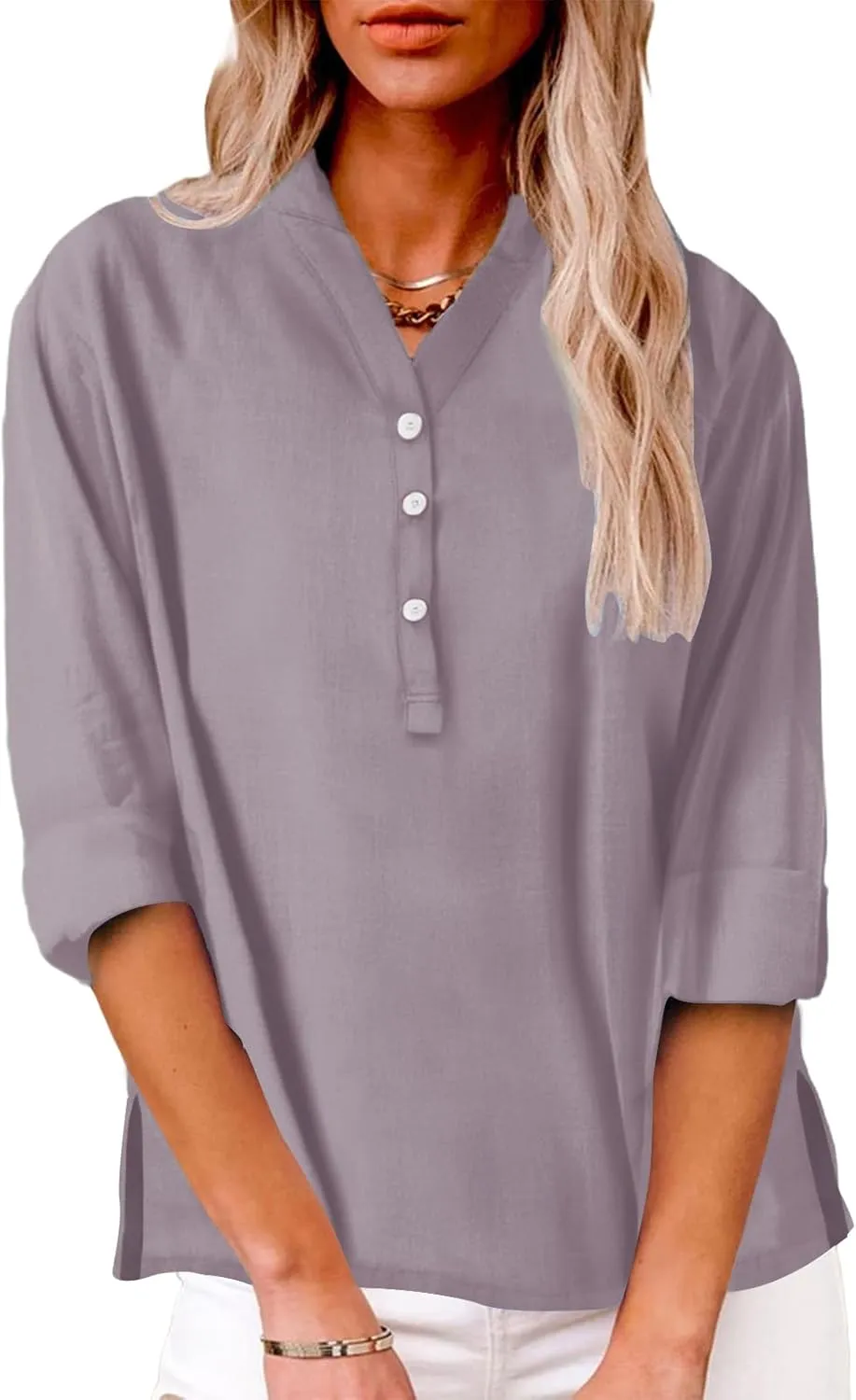 Womens Cotton Linen Shirts Solid 3/4 Sleeve Summer Vacation Tunic Tops Oversized Tshirts V Neck Dressy Blouses Tops
