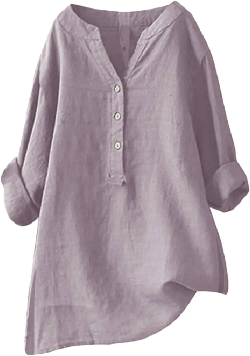 Womens Cotton Linen Shirts Solid 3/4 Sleeve Summer Vacation Tunic Tops Oversized Tshirts V Neck Dressy Blouses Tops