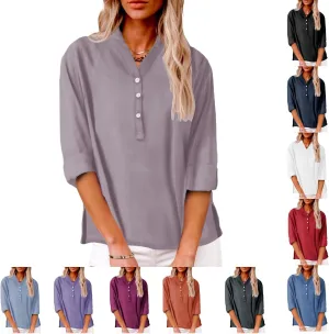 Womens Cotton Linen Shirts Solid 3/4 Sleeve Summer Vacation Tunic Tops Oversized Tshirts V Neck Dressy Blouses Tops