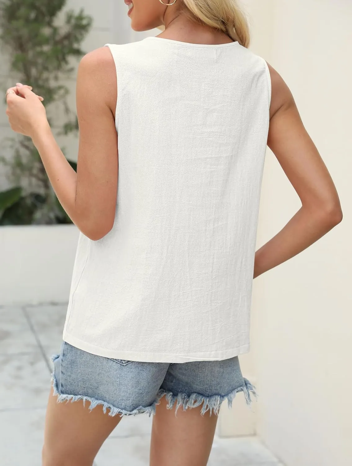 Womens Cotton Linen Tank Tops V Neck Casual Cami Sleeveless Blouses Summer Basic Shirt