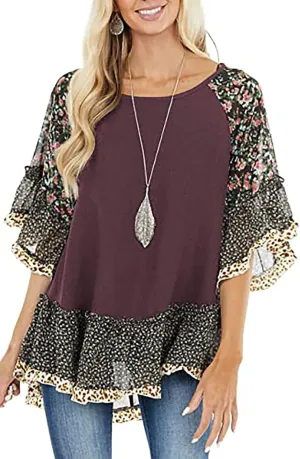Womens Crew Neck Casual Pullover 3/4 Sleeve Boho Floral Blouses Loose Tops Shirt Sweatshirts S - 5XL