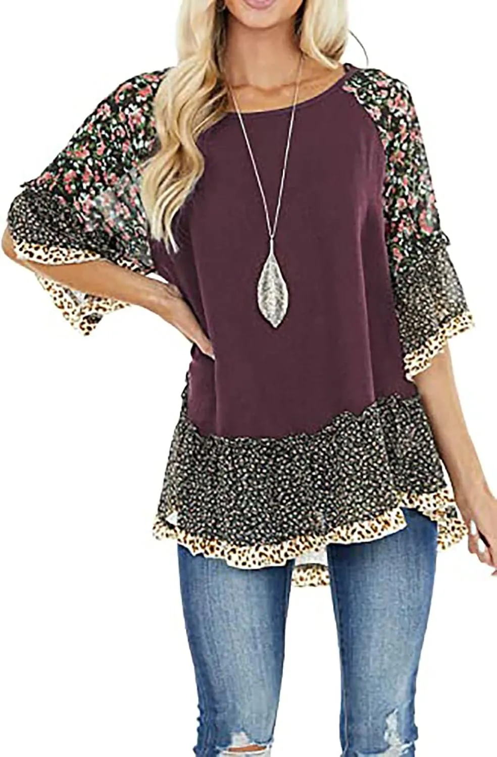Womens Crew Neck Casual Pullover 3/4 Sleeve Boho Floral Blouses Loose Tops Shirt Sweatshirts S - 5XL