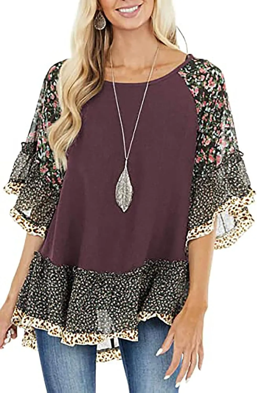 Womens Crew Neck Casual Pullover 3/4 Sleeve Boho Floral Blouses Loose Tops Shirt Sweatshirts S - 5XL