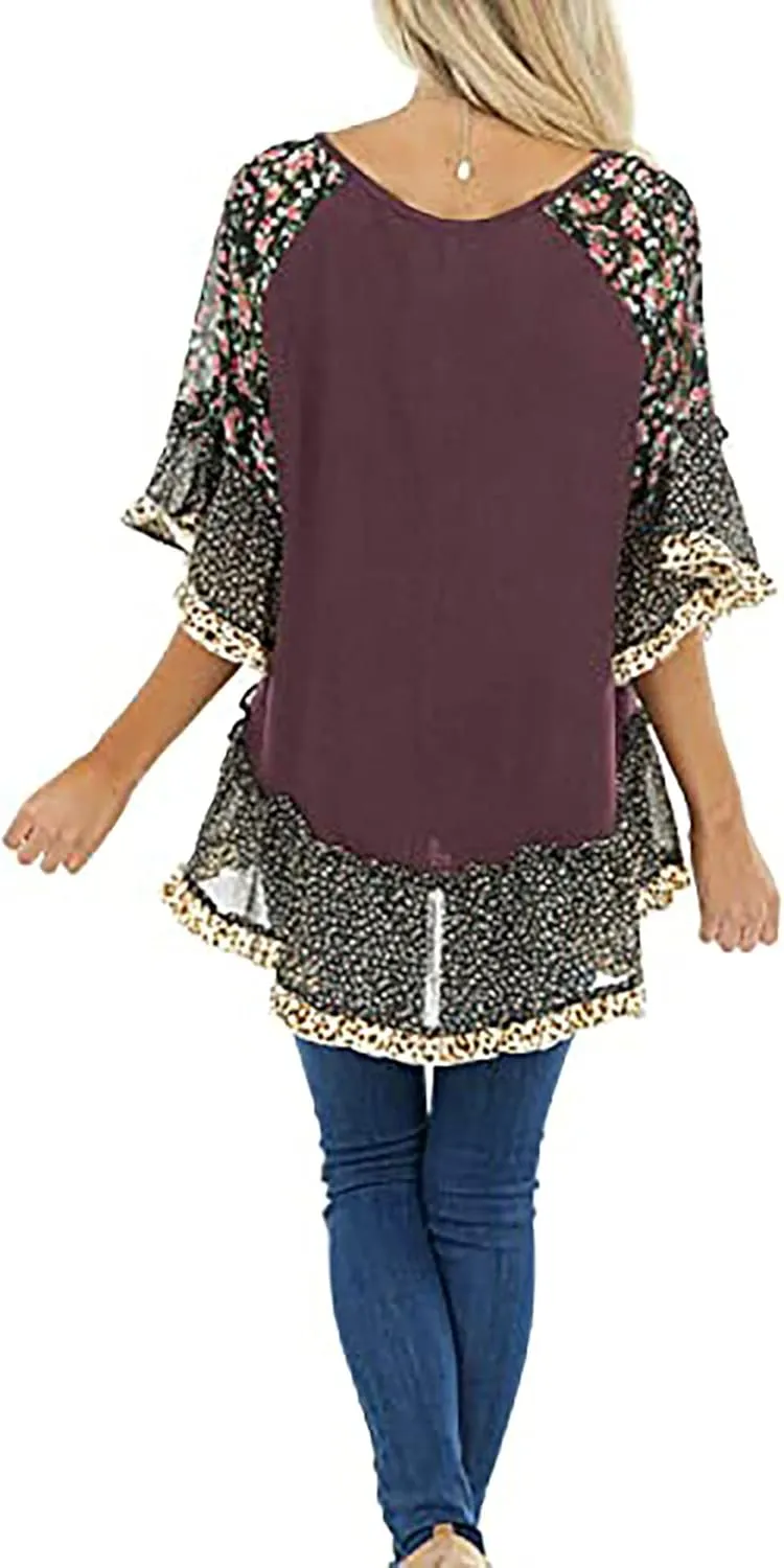 Womens Crew Neck Casual Pullover 3/4 Sleeve Boho Floral Blouses Loose Tops Shirt Sweatshirts S - 5XL