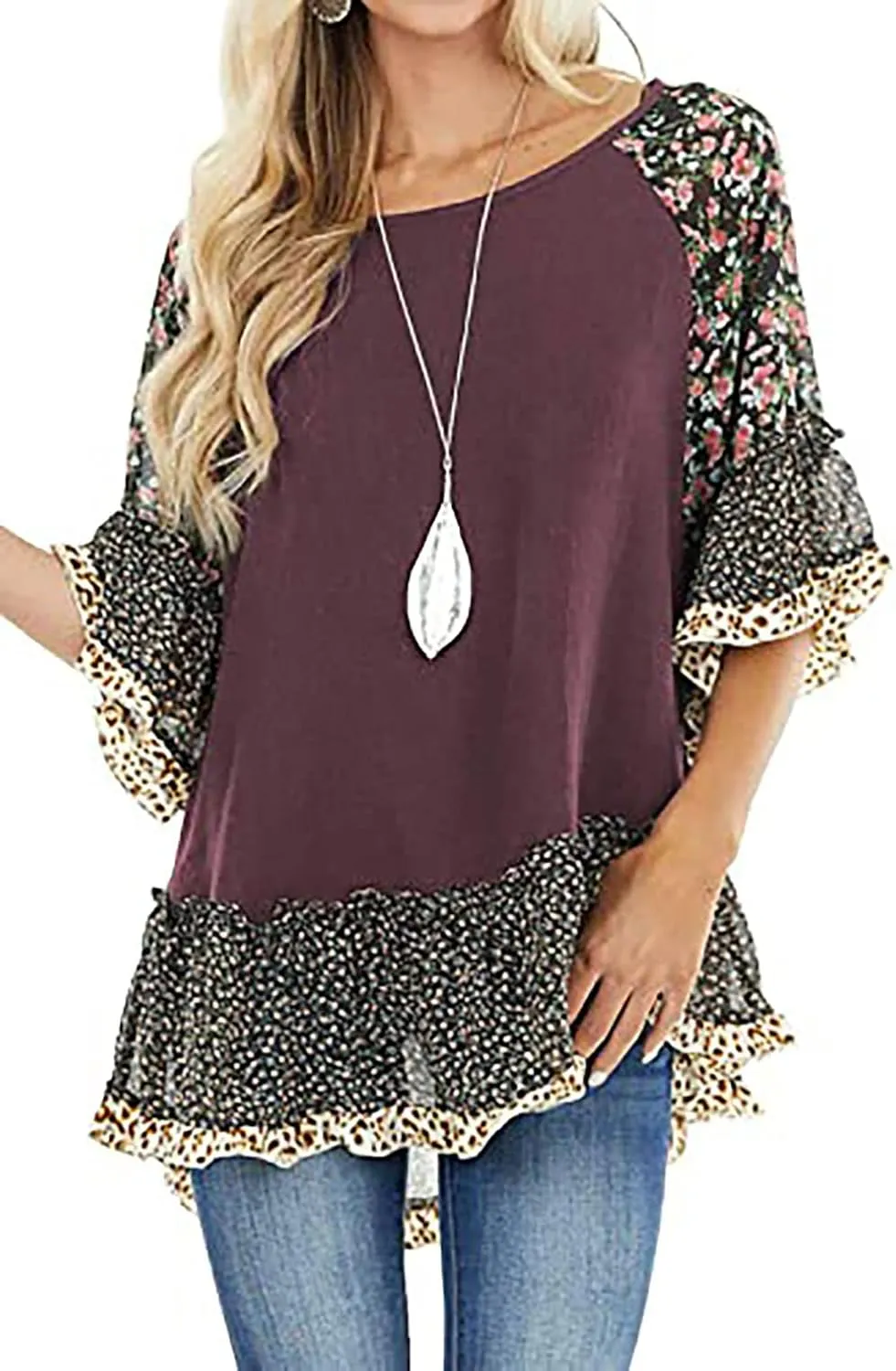 Womens Crew Neck Casual Pullover 3/4 Sleeve Boho Floral Blouses Loose Tops Shirt Sweatshirts S - 5XL