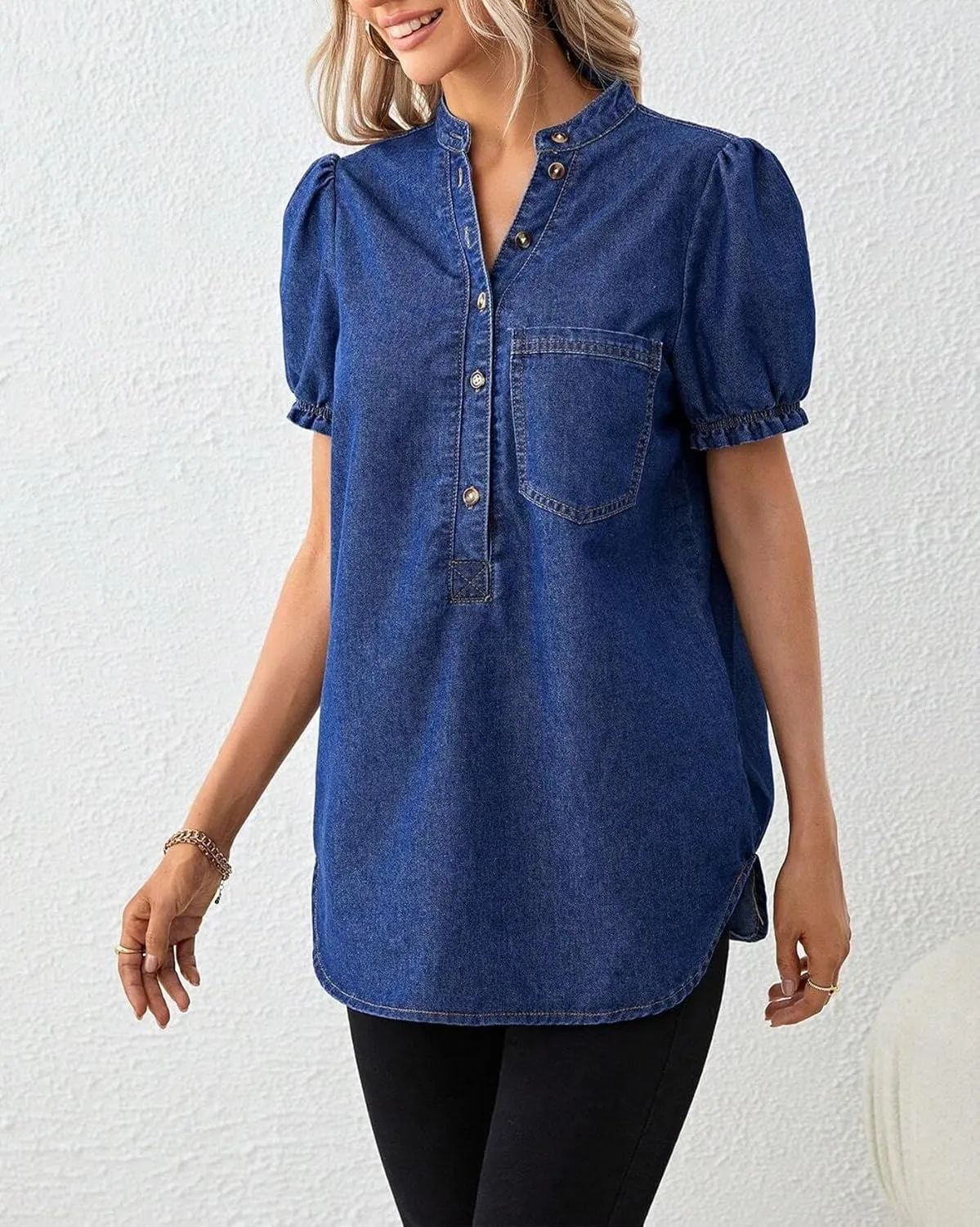 Womens Denim Shirt Casual Button Down V Neck Blouses Puff Short Sleeve Summer Jean Tops