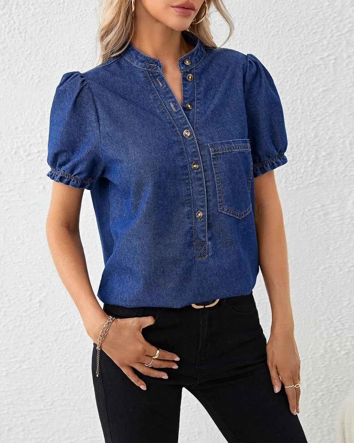 Womens Denim Shirt Casual Button Down V Neck Blouses Puff Short Sleeve Summer Jean Tops