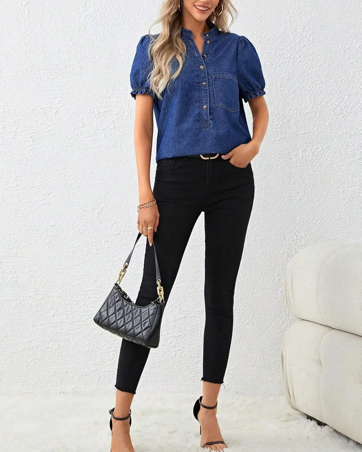Womens Denim Shirt Casual Button Down V Neck Blouses Puff Short Sleeve Summer Jean Tops