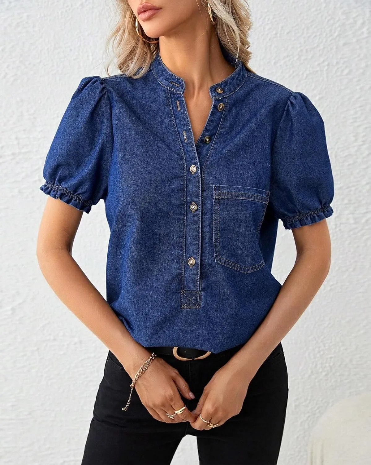 Womens Denim Shirt Casual Button Down V Neck Blouses Puff Short Sleeve Summer Jean Tops
