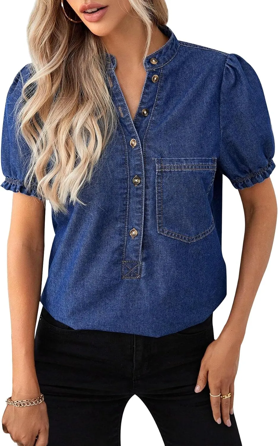 Womens Denim Shirt Casual Button Down V Neck Blouses Puff Short Sleeve Summer Jean Tops