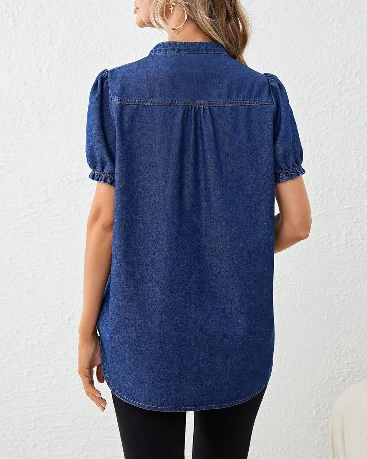 Womens Denim Shirt Casual Button Down V Neck Blouses Puff Short Sleeve Summer Jean Tops