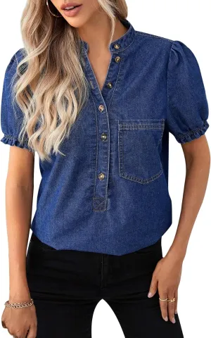 Womens Denim Shirt Casual Button Down V Neck Blouses Puff Short Sleeve Summer Jean Tops