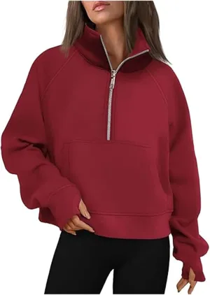Women's Fashion Casual Half Zipper Short Stand Collar Plus Fleece Solid Color Hoodie Ladies Sweatsuits