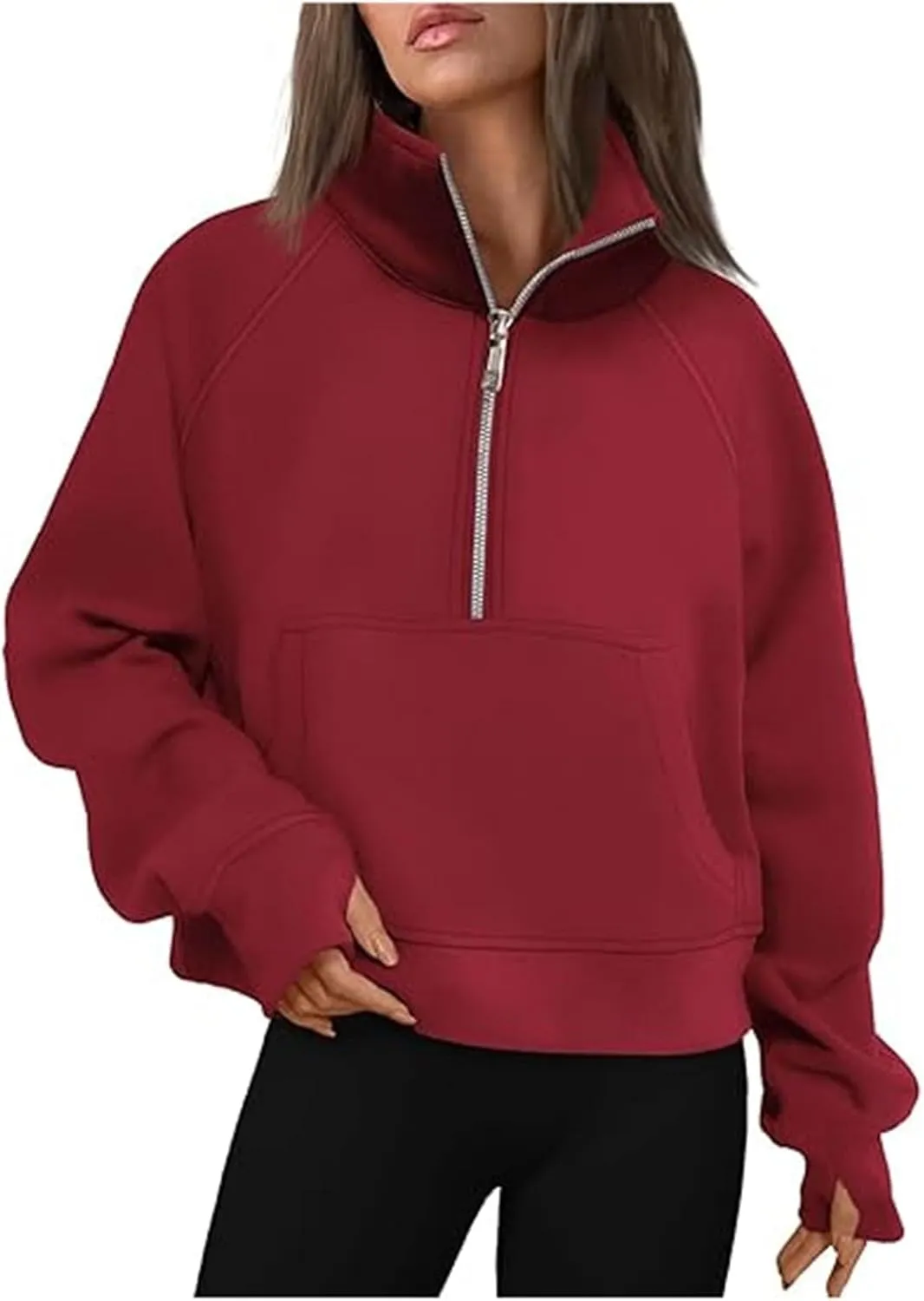 Women's Fashion Casual Half Zipper Short Stand Collar Plus Fleece Solid Color Hoodie Ladies Sweatsuits