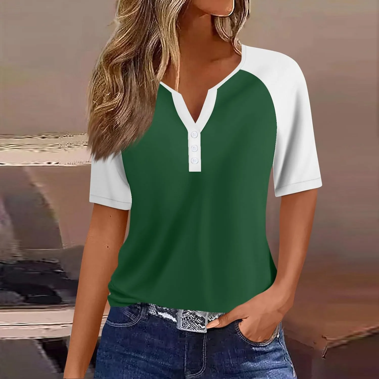 Womens Fashion Henley Raglan Short Sleeve Tops Basic Tunic T-Shirts Casual Button Down Half Sleeve Blouses