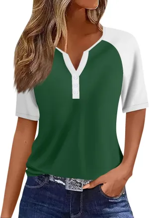 Womens Fashion Henley Raglan Short Sleeve Tops Basic Tunic T-Shirts Casual Button Down Half Sleeve Blouses
