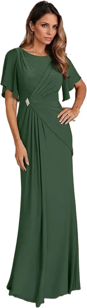 Women's Formal Dresses with Sleeves Chiffon Mother of The Bride Dresses for Wedding Floor Length Evening Gown
