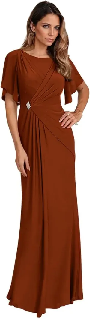 Women's Formal Dresses with Sleeves Chiffon Mother of The Bride Dresses for Wedding Floor Length Evening Gown