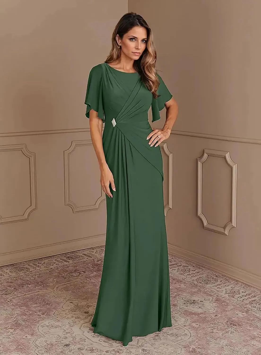 Women's Formal Dresses with Sleeves Chiffon Mother of The Bride Dresses for Wedding Floor Length Evening Gown