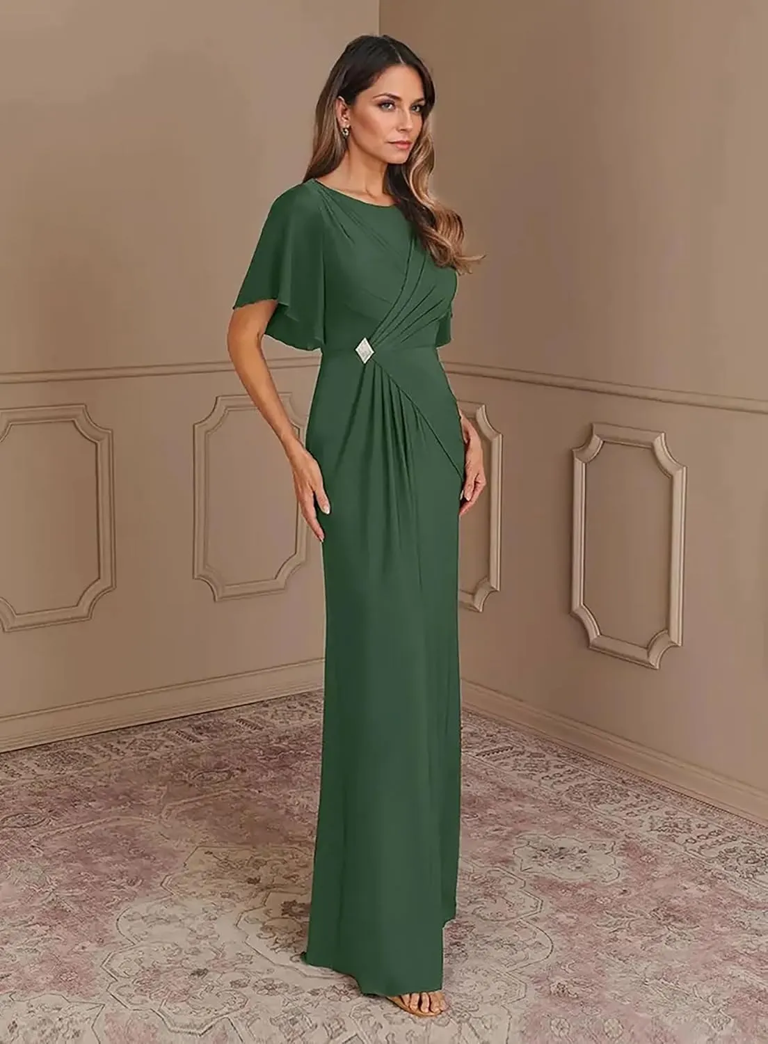 Women's Formal Dresses with Sleeves Chiffon Mother of The Bride Dresses for Wedding Floor Length Evening Gown