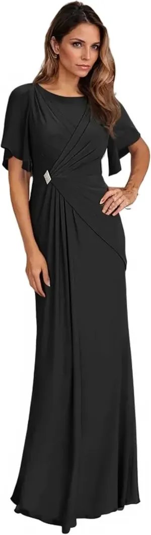 Women's Formal Dresses with Sleeves Chiffon Mother of The Bride Dresses for Wedding Floor Length Evening Gown