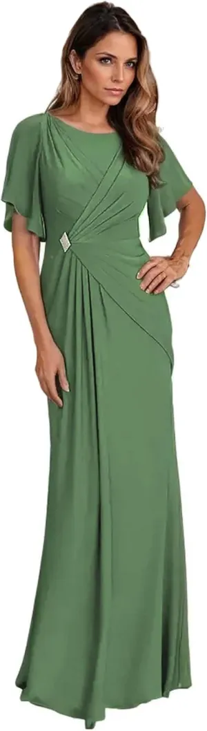 Women's Formal Dresses with Sleeves Chiffon Mother of The Bride Dresses for Wedding Floor Length Evening Gown