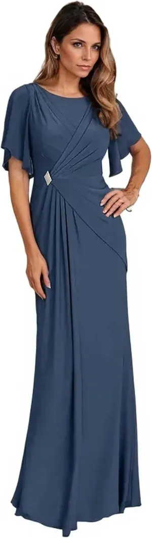 Women's Formal Dresses with Sleeves Chiffon Mother of The Bride Dresses for Wedding Floor Length Evening Gown