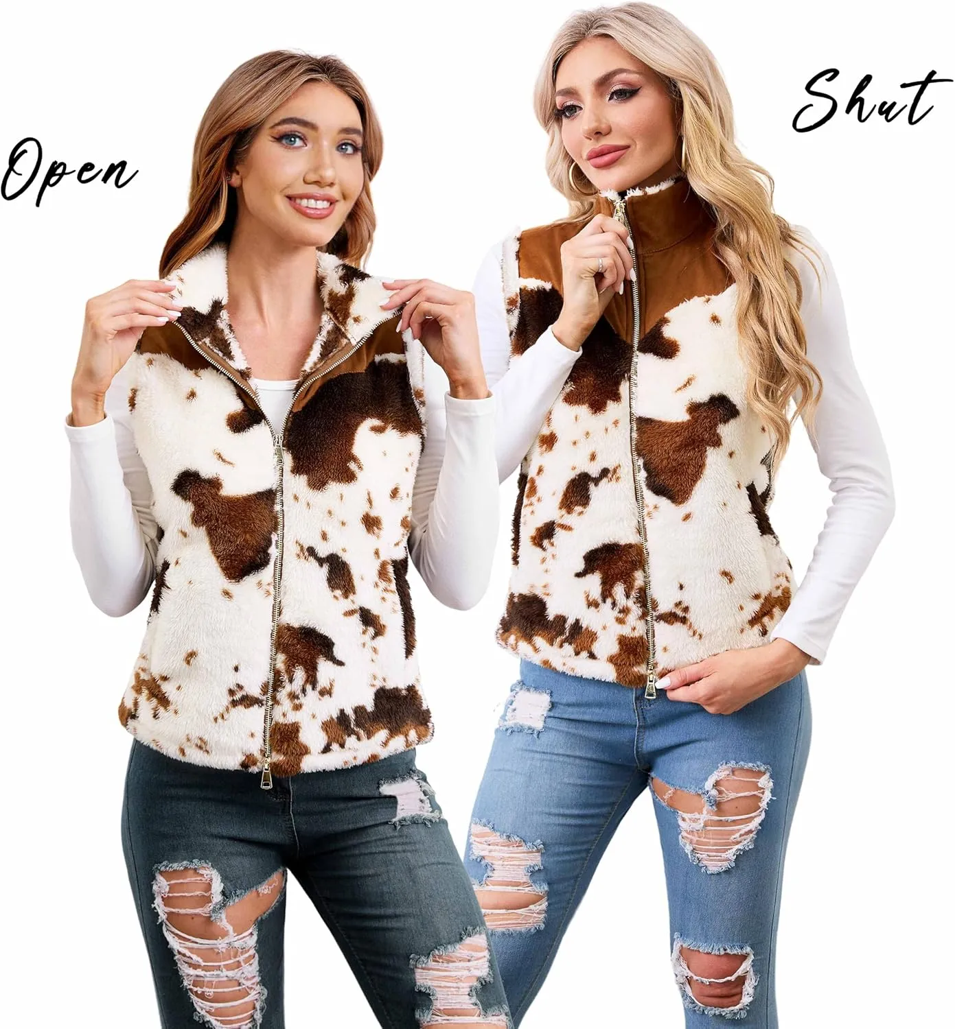 Women's Fuzzy Cow Print Vest Cozy Lightweight Sherpa Fleece Vest for Women Sleeveless Outerwear with Pockets